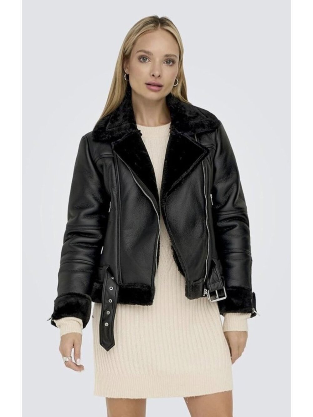 Only Womens Black Faux Leather Biker Jacket Size Small
